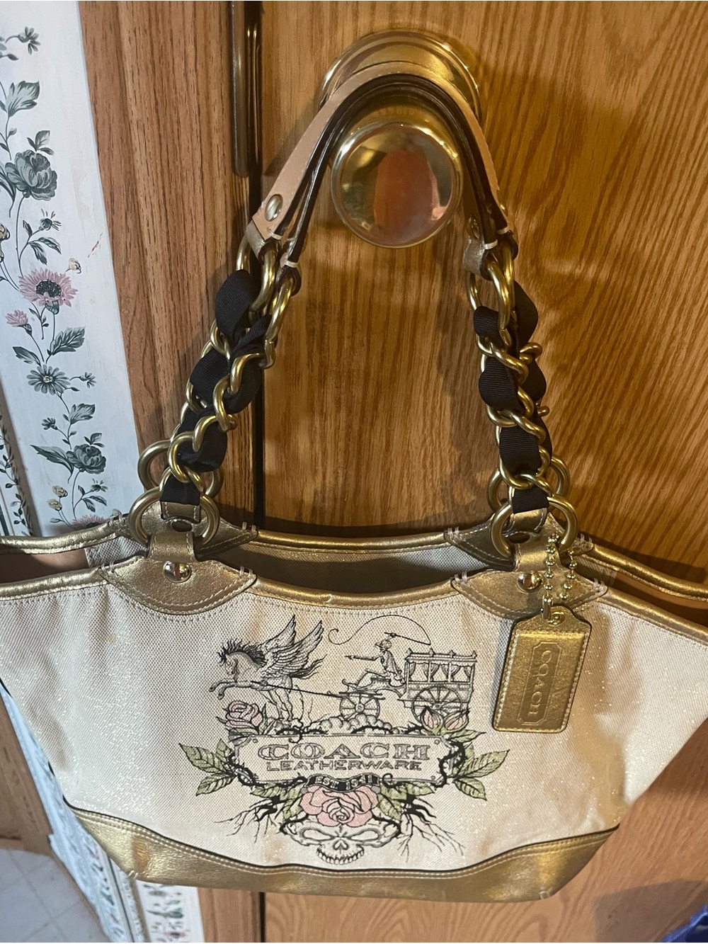 Coach Metallic Gold Canvas Tote with Floral and Carriage Print